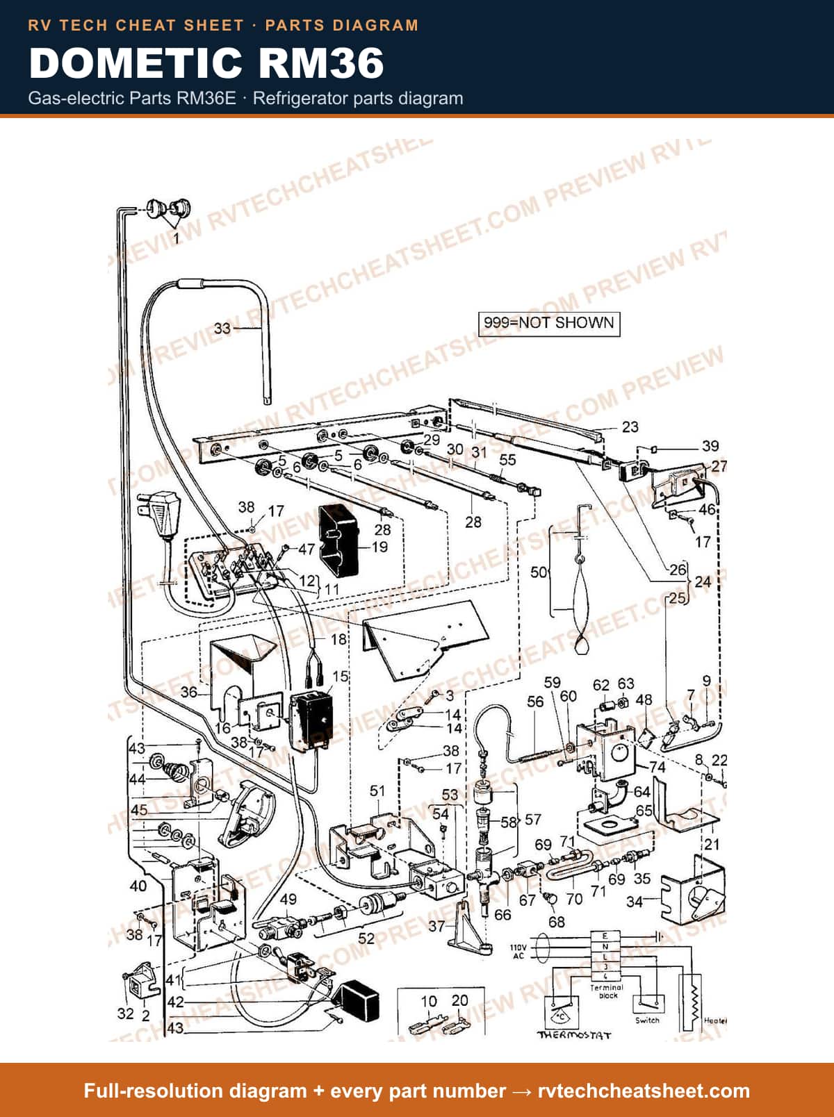 Dometic RM36 gas-electric parts rm36e — parts list sheet