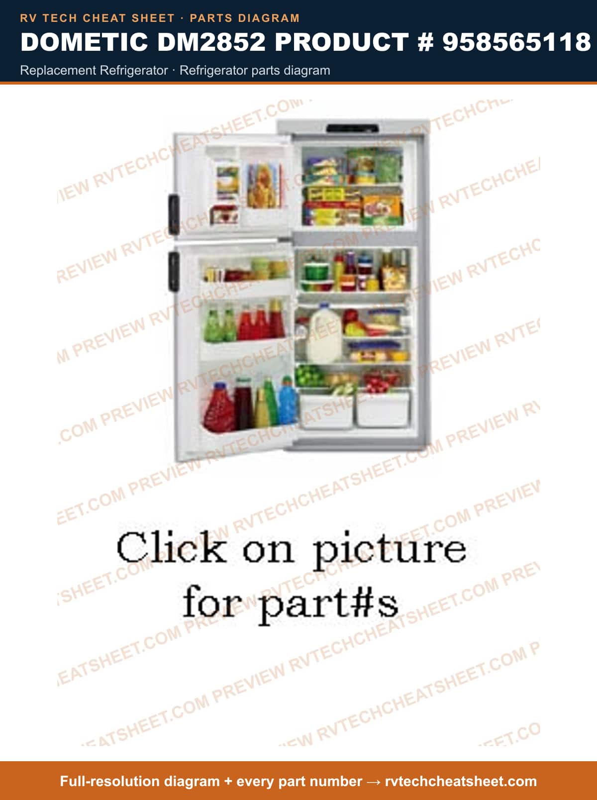 Dometic DM2852 Product # 958565118 replacement refrigerator — parts list sheet