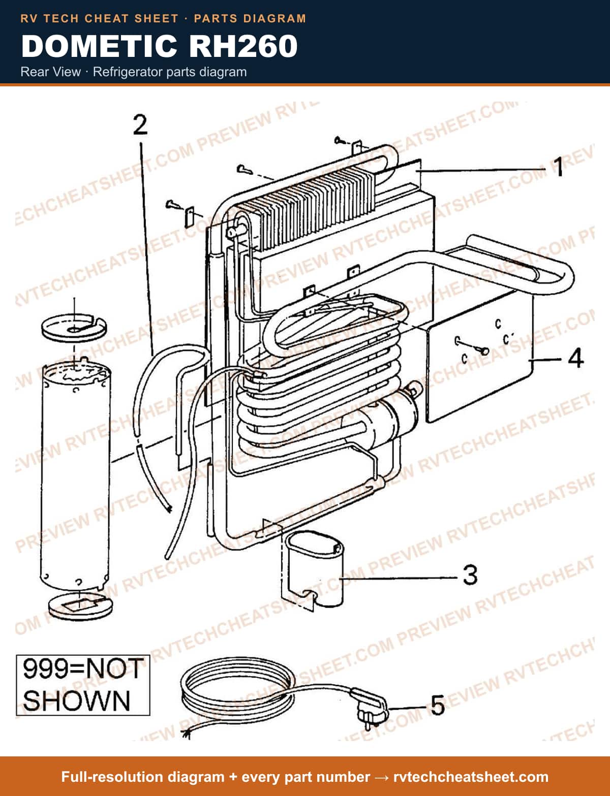 Dometic RH260 rear view — parts list sheet
