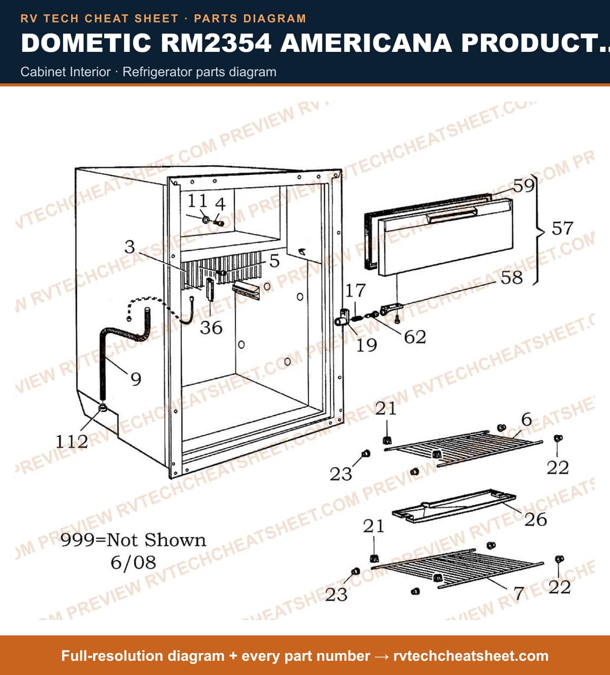 Dometic RM2354 Americana Product # 921145046 Brown cabinet interior — parts list sheet