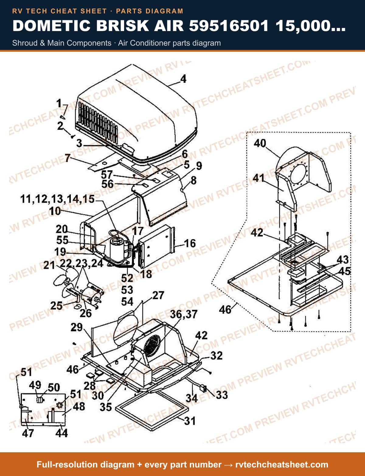 Dometic Brisk Air 59516501 15,000 BTU shroud & main components — exploded parts diagram
