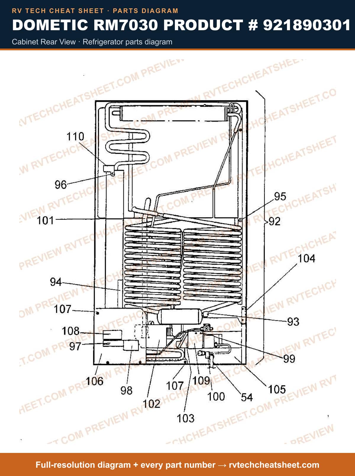 Dometic RM7030 Product # 921890301 cabinet rear view — parts list sheet