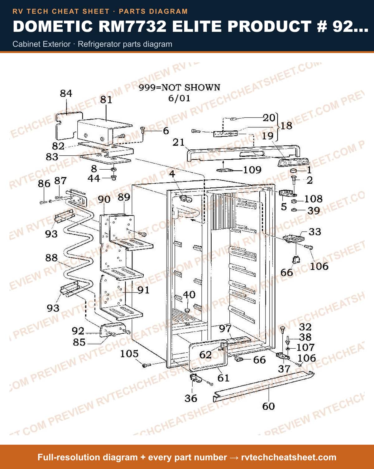 Dometic RM7732 Elite Product # 921148014 cabinet exterior — parts list sheet