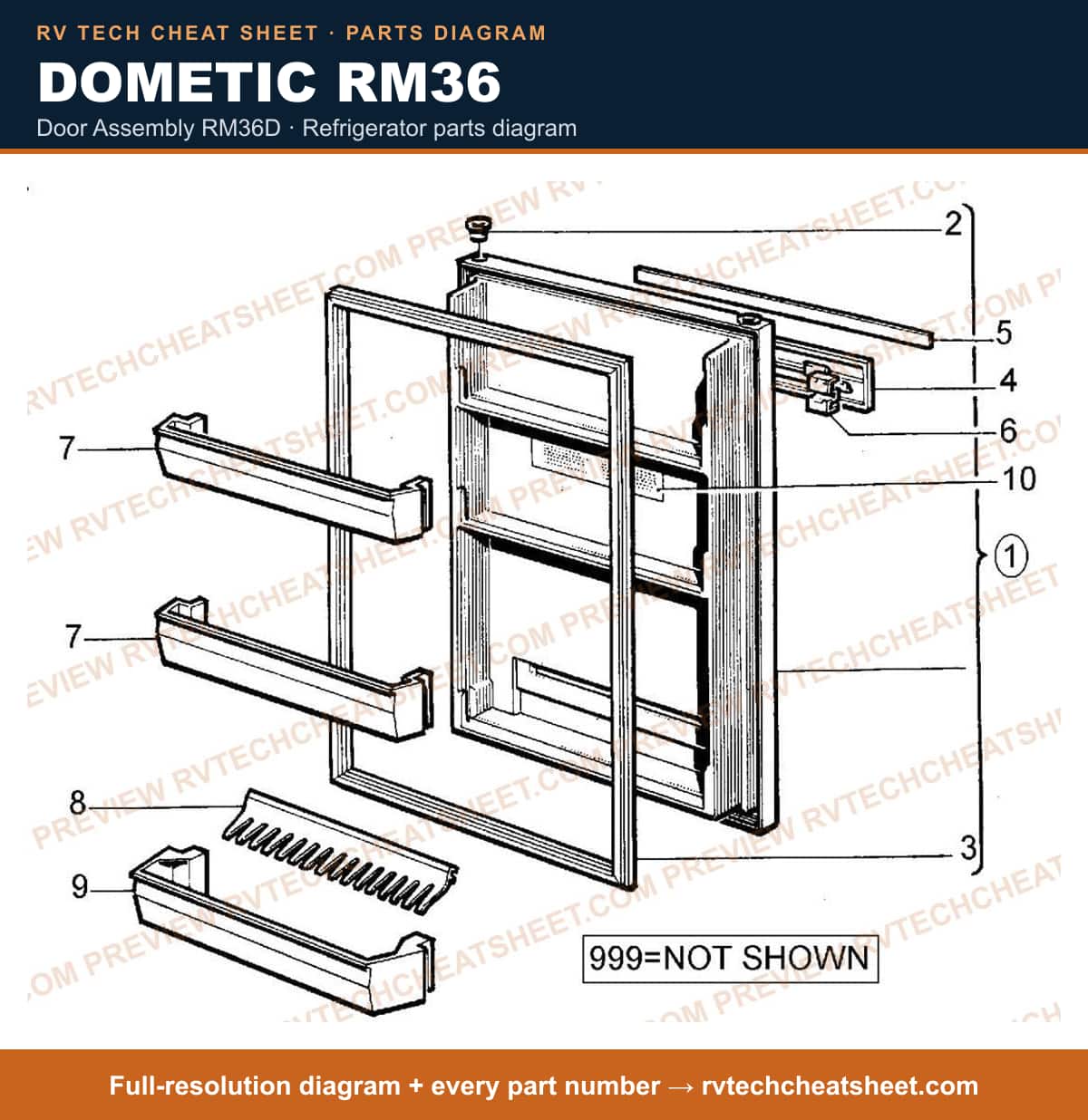 Dometic RM36 door assembly rm36d — parts list sheet