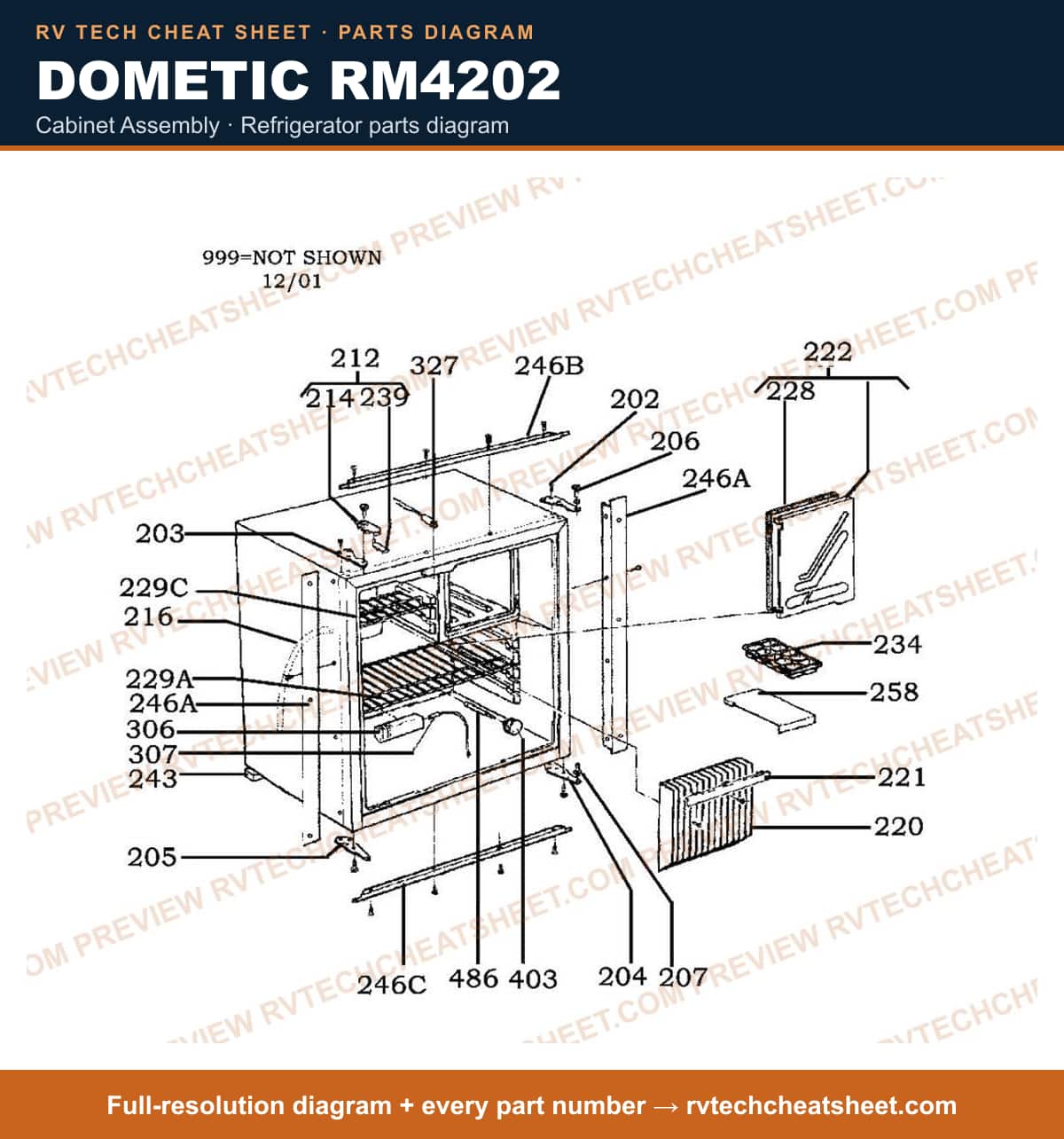 Dometic RM4202 cabinet assembly — parts list sheet