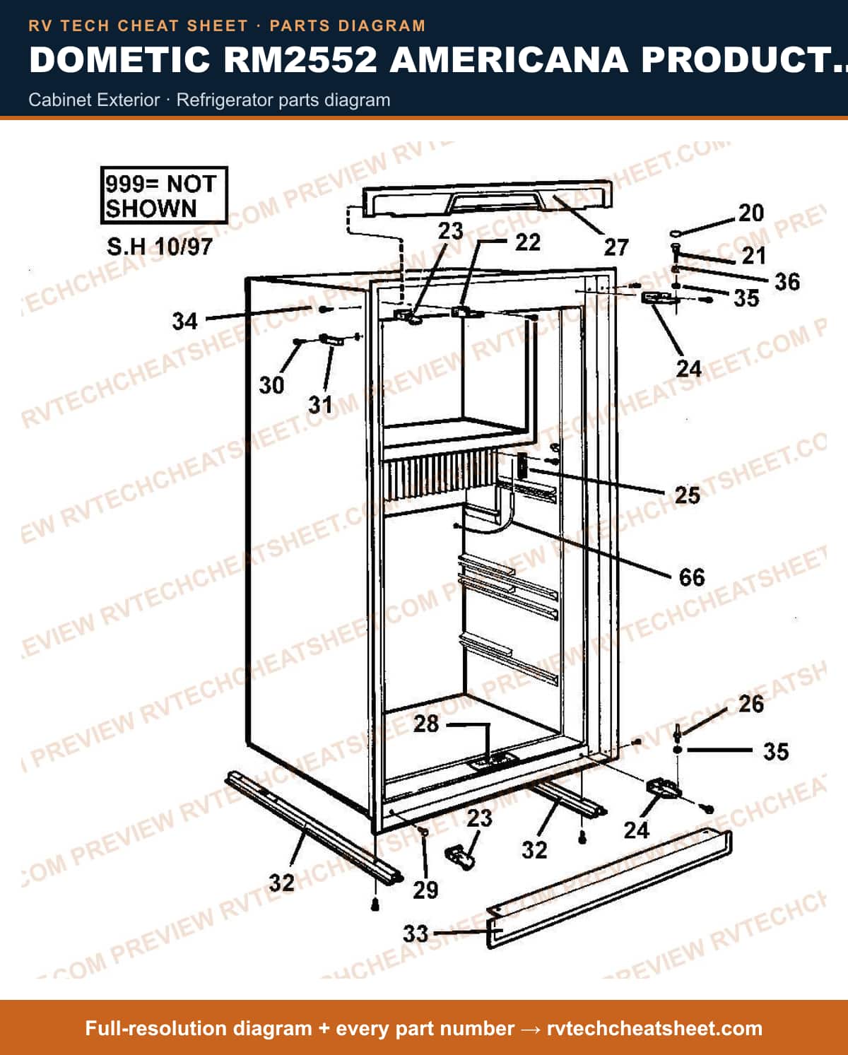 Dometic RM2552 Americana Product # 921142001 Rh Door cabinet exterior — parts list sheet
