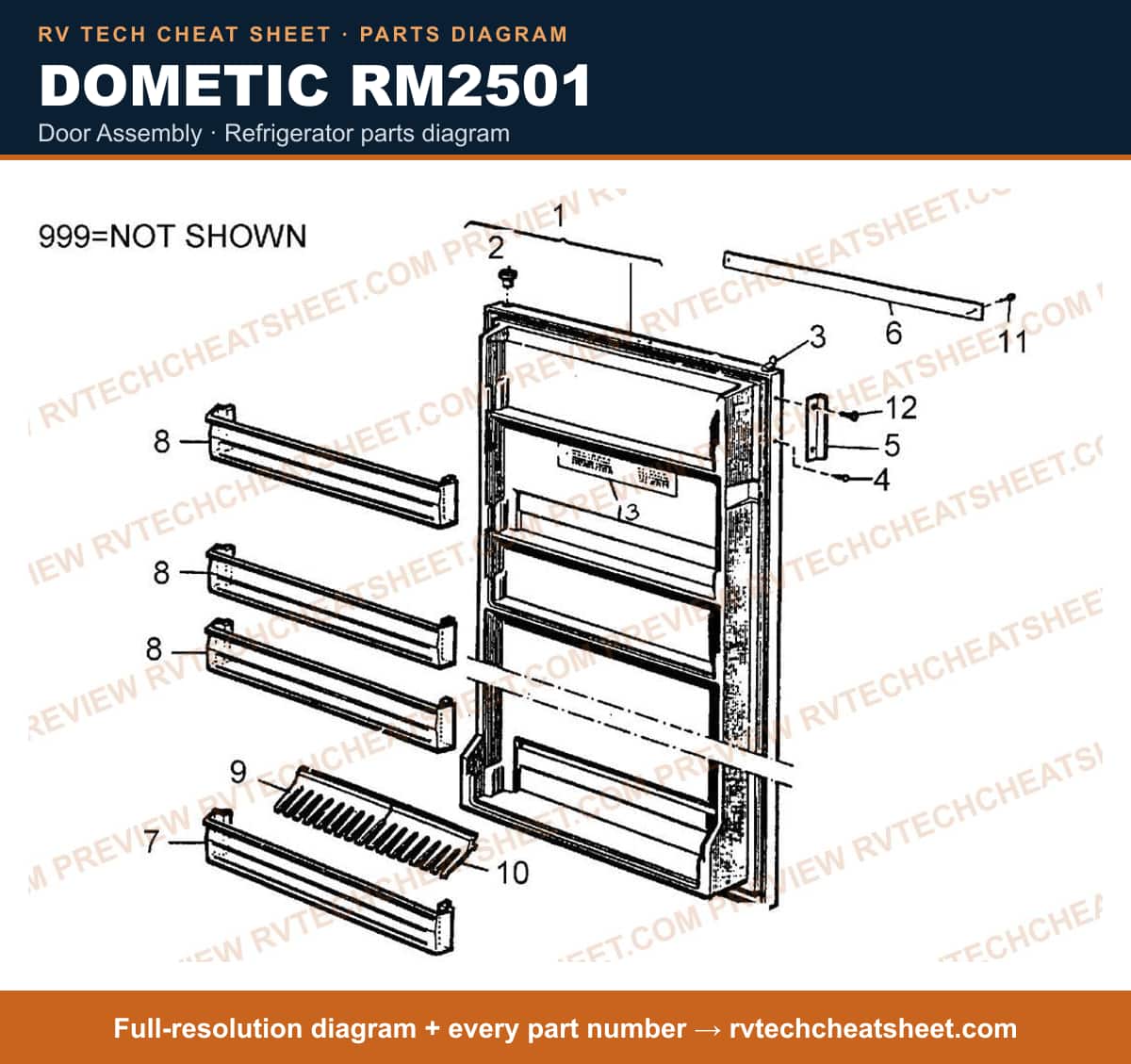 Dometic RM2501 door assembly — parts list sheet