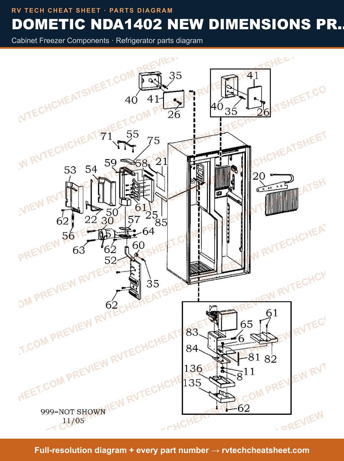 Dometic NDA1402 New Dimensions Product # 921148258 Black cabinet freezer components — parts list sheet
