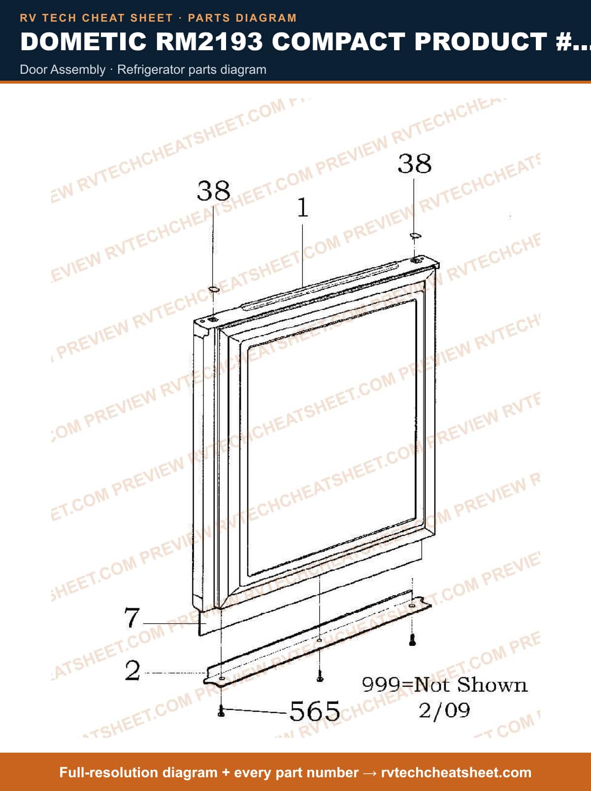 Dometic RM2193 Compact Product # 921131030 door assembly — parts list sheet