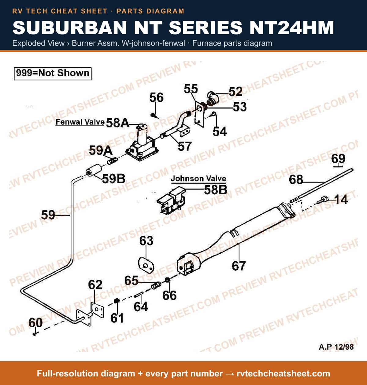 Suburban Nt Series NT24HM exploded view › burner assm. w-johnson-fenwal — exploded parts diagram