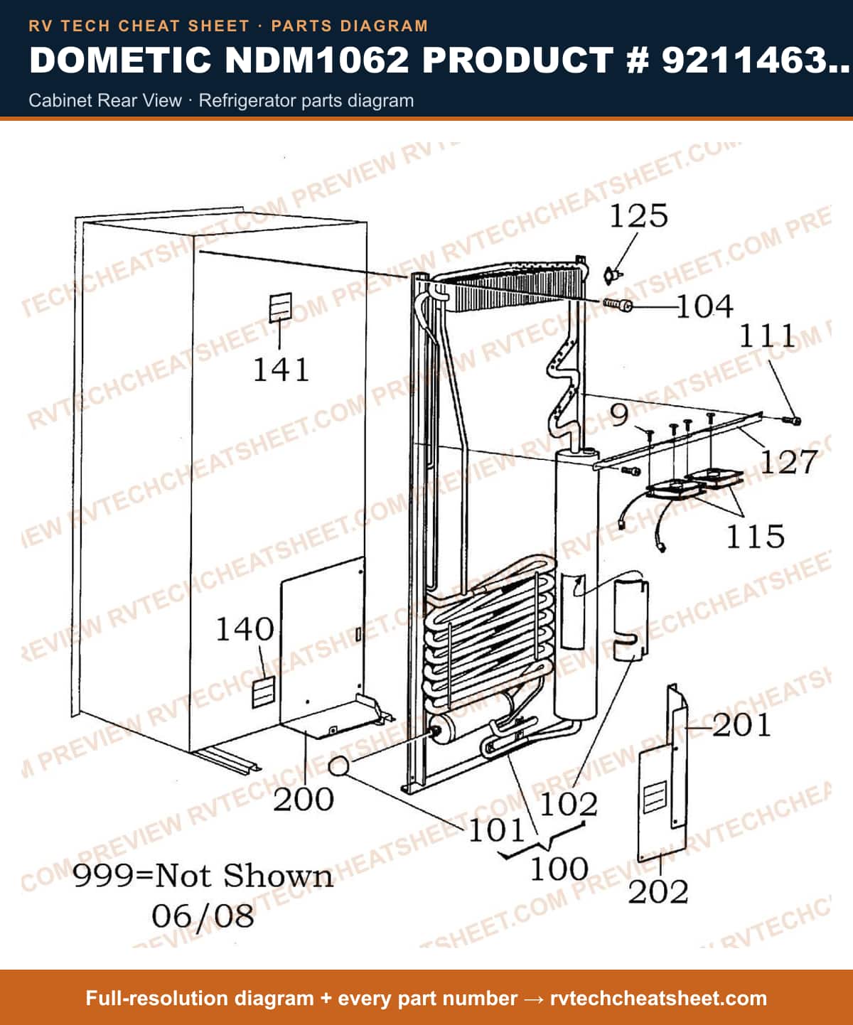 Dometic NDM1062 Product # 921146338 Black cabinet rear view — parts list sheet