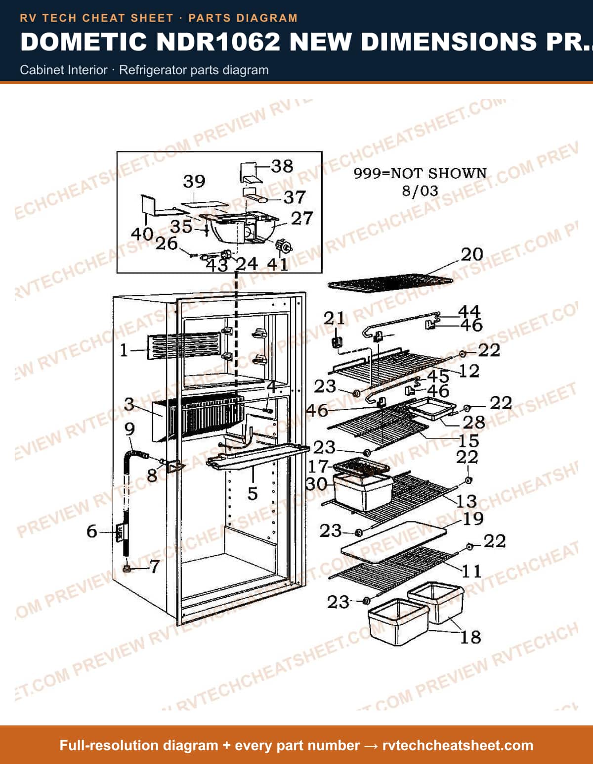 Dometic NDR1062 New Dimensions Product # 921146143(STNLS) cabinet interior — parts list sheet