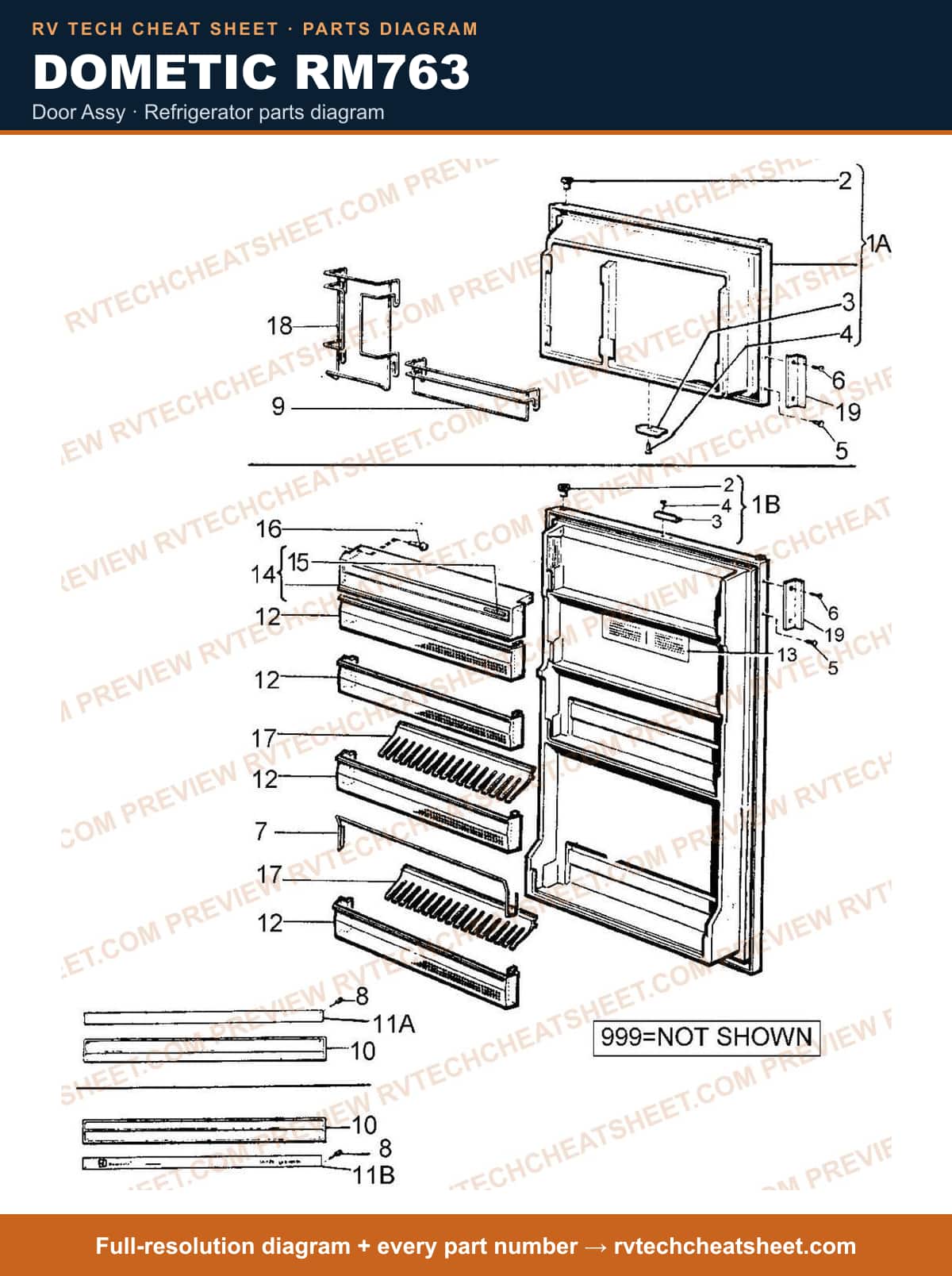 Dometic RM763 door assy — parts list sheet