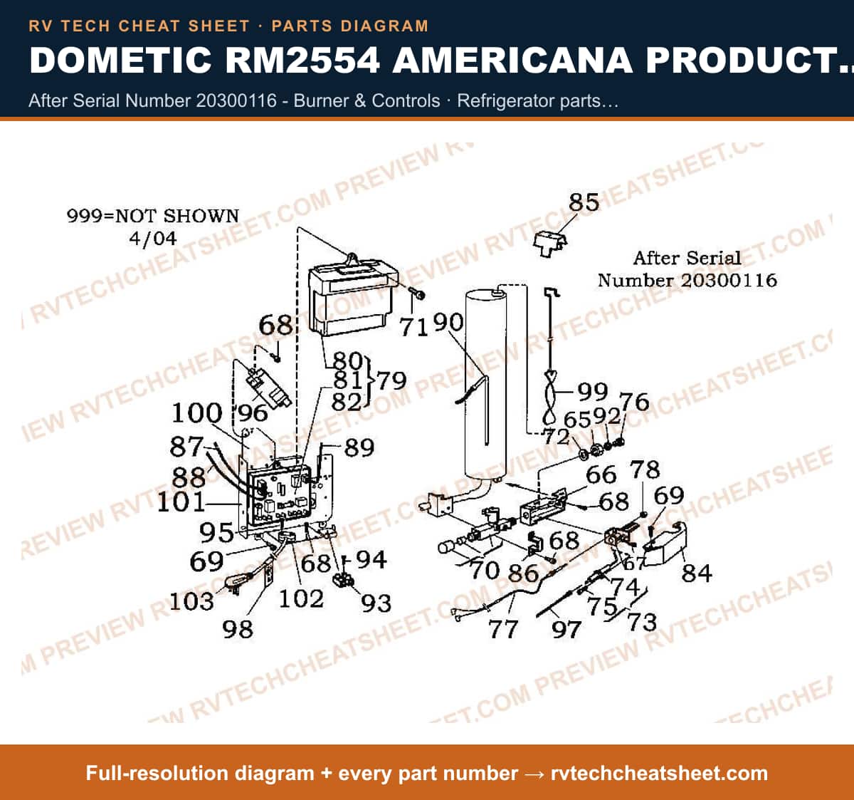 Dometic RM2554 Americana Product # 921142017 Beige after serial number 20300116 - burner & controls — parts list sheet