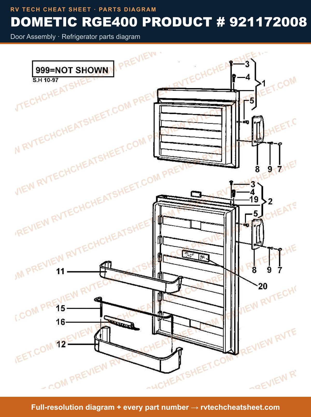 Dometic RGE400 Product # 921172008 door assembly — exploded parts diagram
