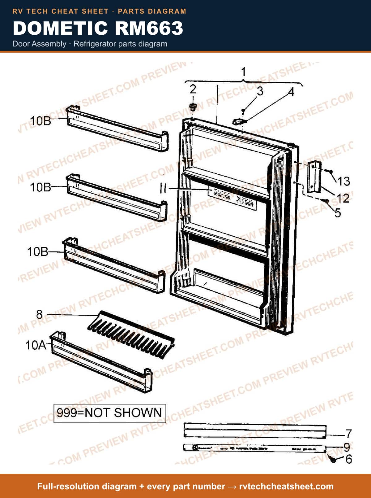 Dometic RM663 door assembly — parts list sheet