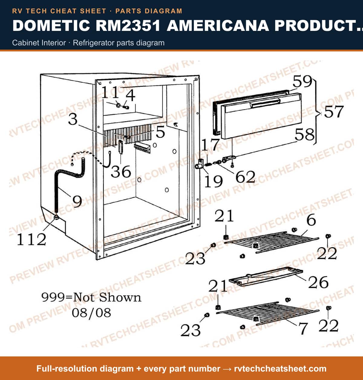 Dometic RM2351 Americana Product # 921145057 Black cabinet interior — parts list sheet
