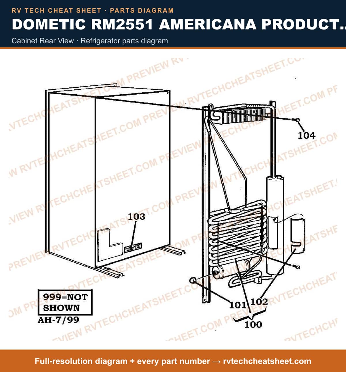 Dometic RM2551 Americana Product # 921142110 Silver cabinet rear view — parts list sheet