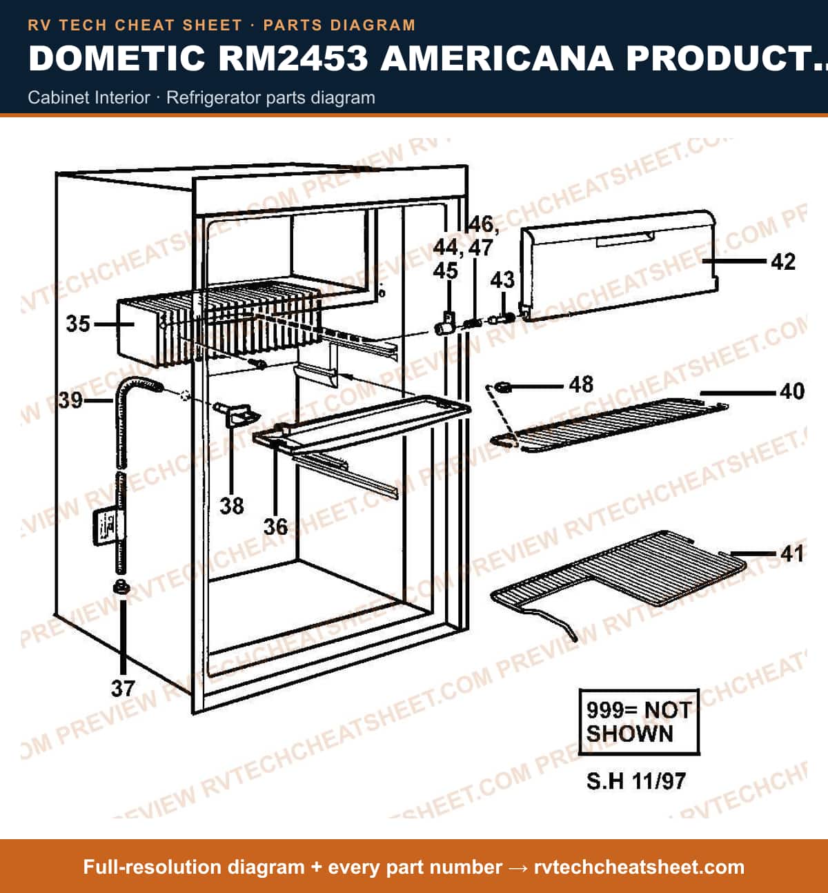 Dometic RM2453 Americana Product # 921140109 Black cabinet interior — parts list sheet
