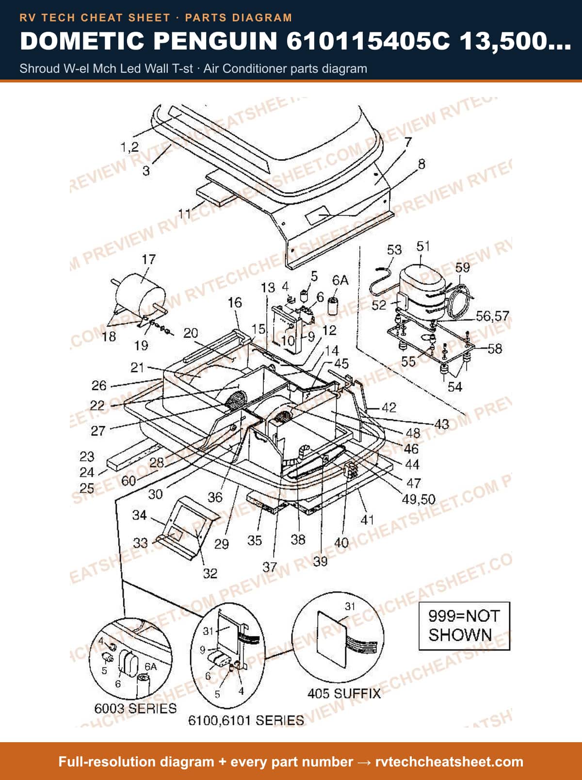Dometic Penguin 610115405C 13,500 BTU shroud w-el mch led wall t-st — parts list sheet
