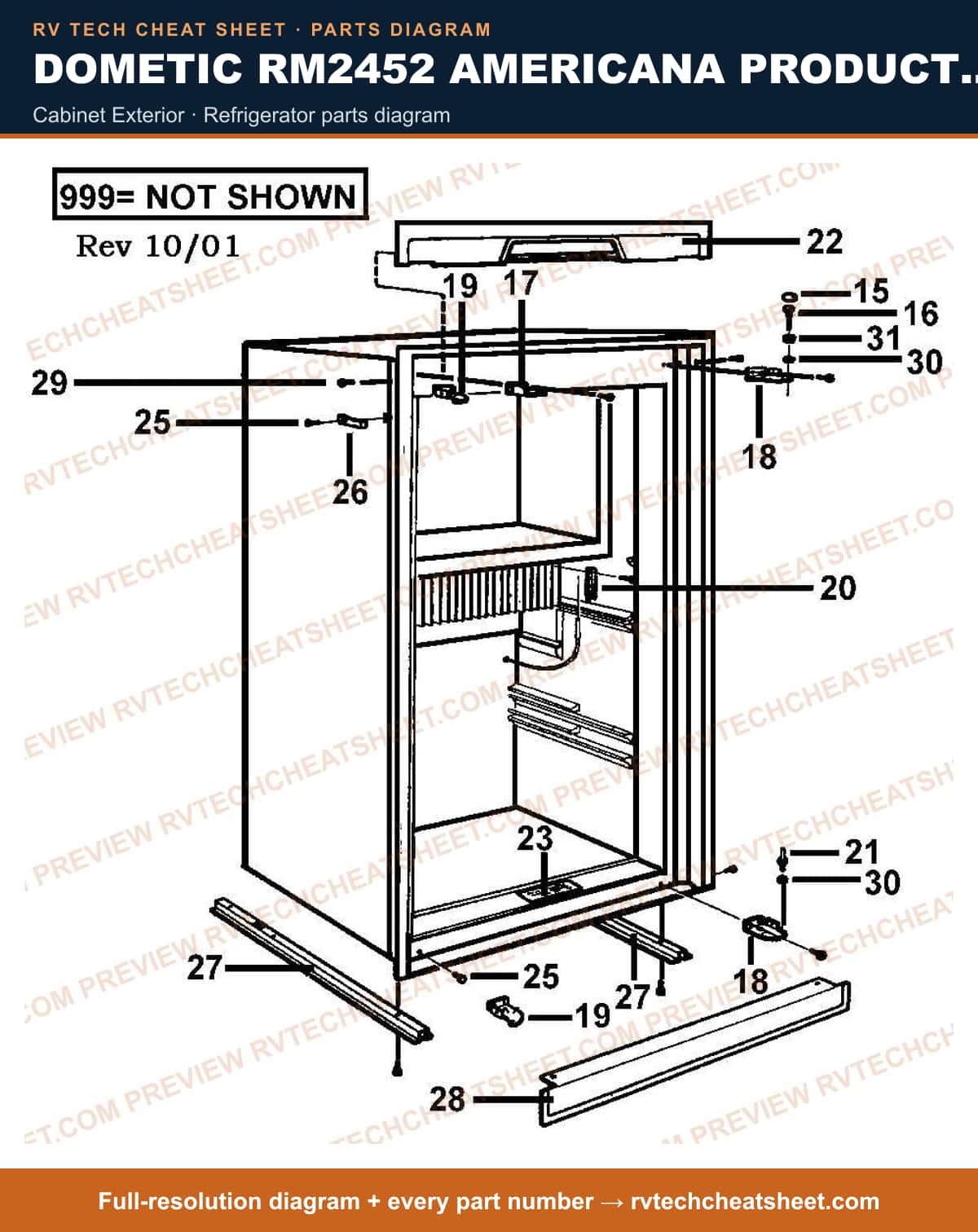 Dometic RM2452 Americana Product # 921140107 Black cabinet exterior — parts list sheet