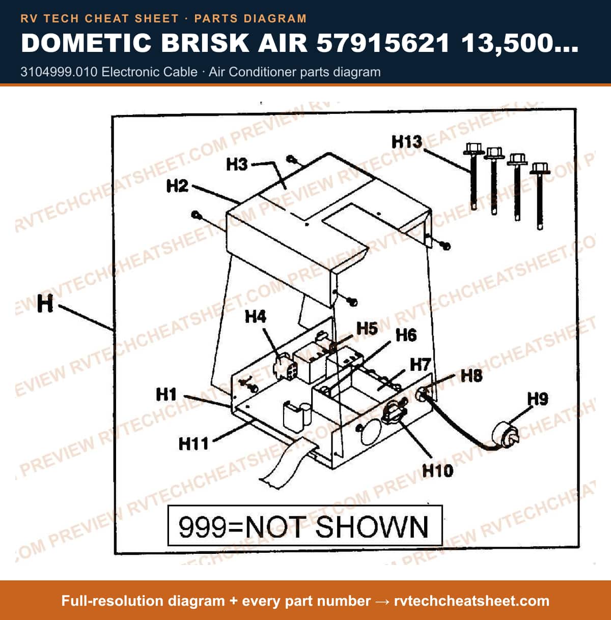 Dometic Brisk Air 57915621 13,500 BTU 3104999.010 electronic cable — parts list sheet