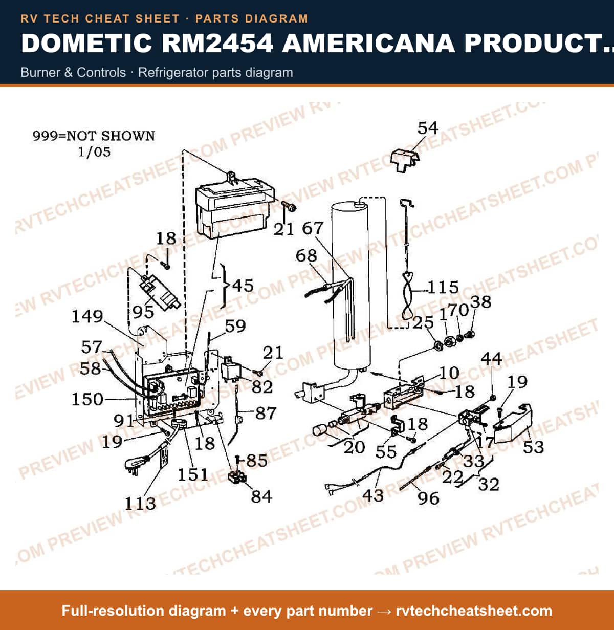 Dometic RM2454 Americana Product # 921140119 Black burner & controls — parts list sheet