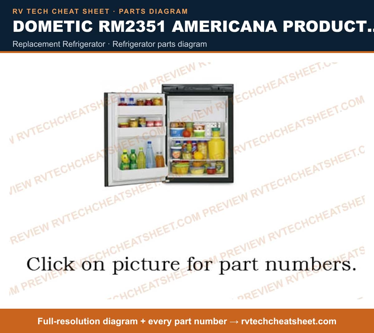 Dometic RM2351 Americana Product # 921145045 Brown replacement refrigerator — parts list sheet