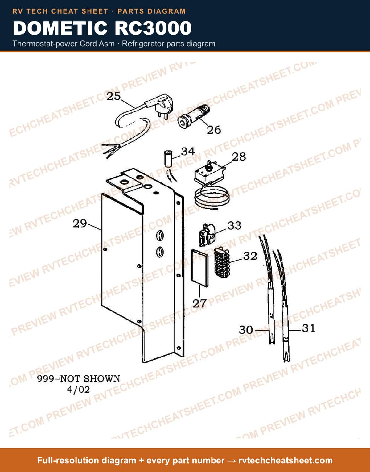 Dometic RC3000 thermostat-power cord asm — exploded parts diagram