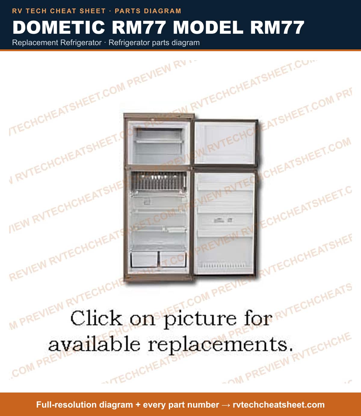 Dometic RM77 Model RM77 replacement refrigerator — parts list sheet