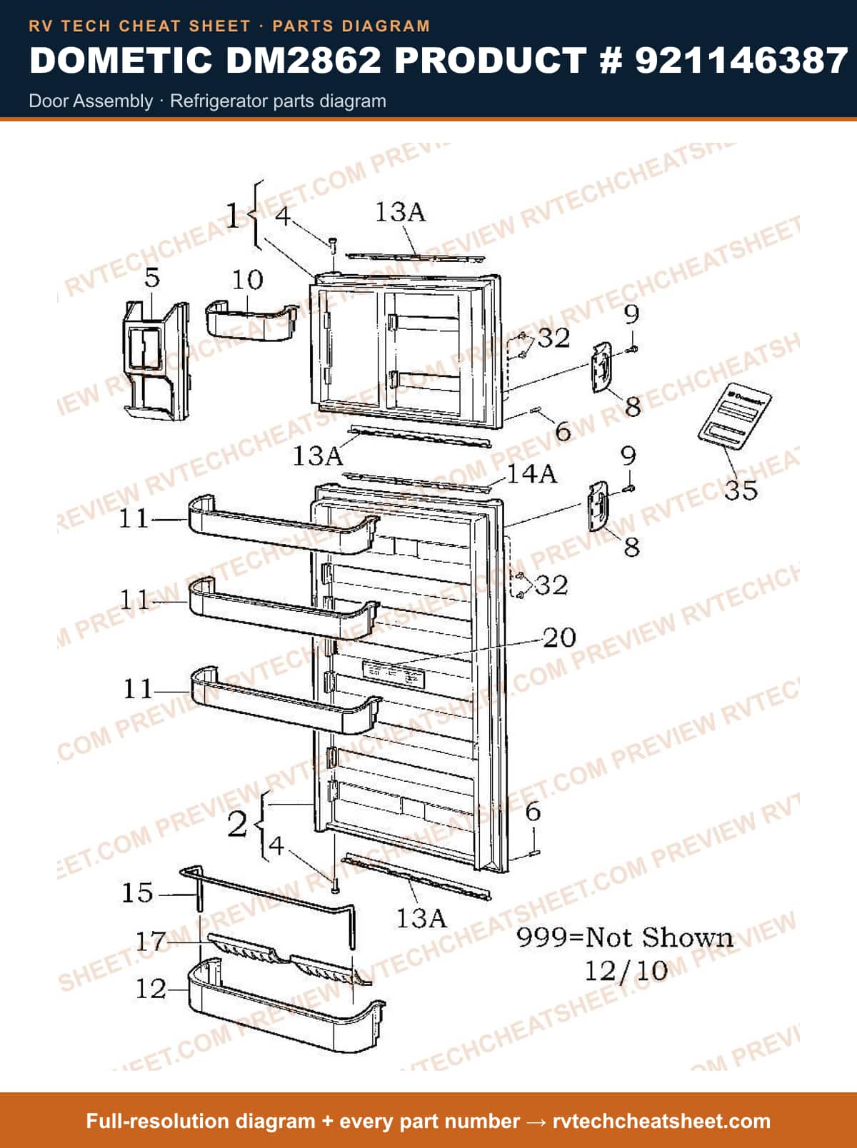 Dometic DM2862 Product # 921146387 door assembly — parts list sheet