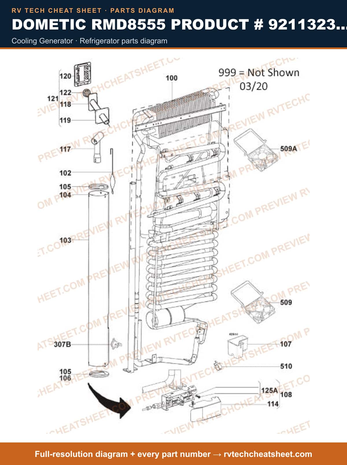 Dometic RMD8555 Product # 921132319 cooling generator — parts list sheet