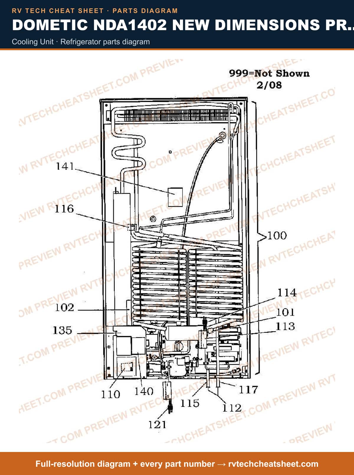Dometic NDA1402 New Dimensions Product # 921148280 Stainless cooling unit — parts list sheet