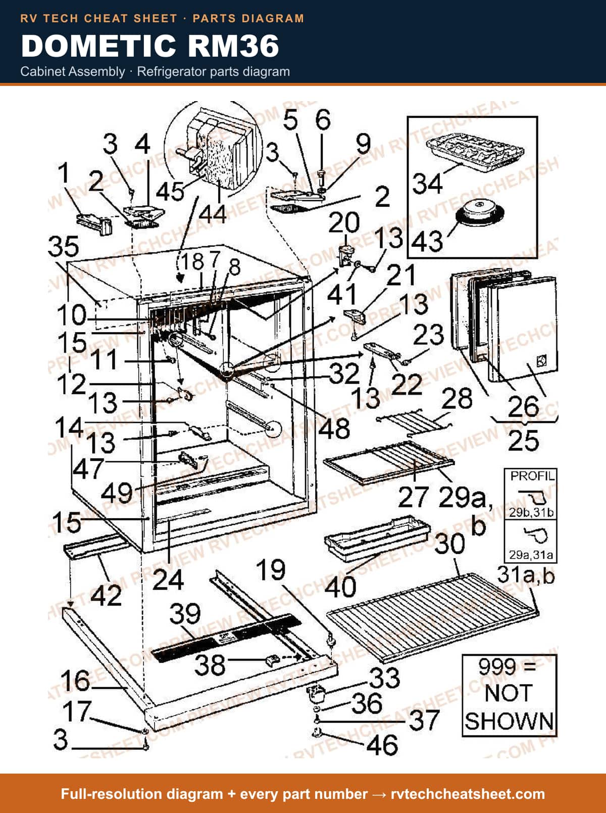 Dometic RM36 cabinet assembly — parts list sheet
