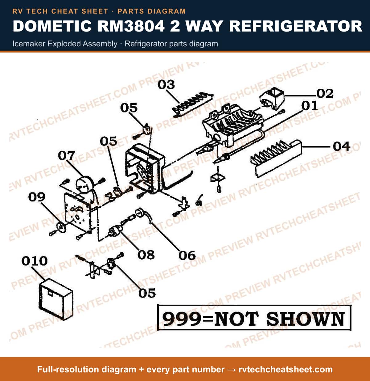Dometic RM3804 2 Way Refrigerator icemaker exploded assembly — parts list sheet
