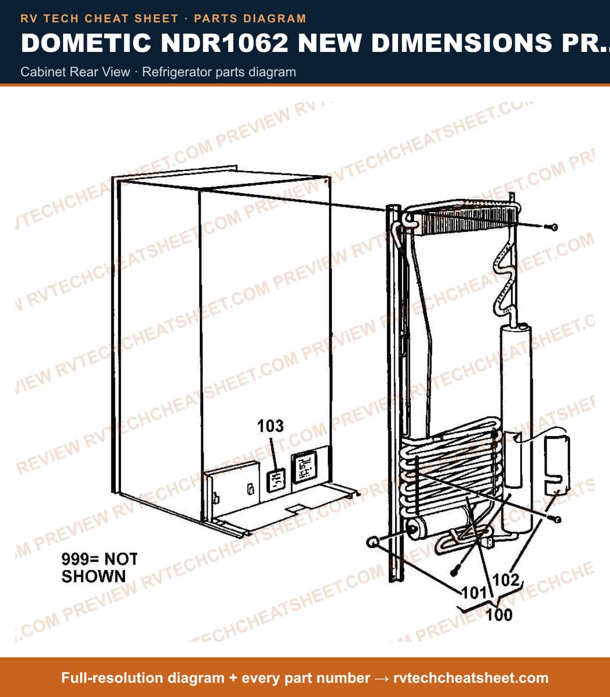 Dometic NDR1062 New Dimensions Product # 921146163 (stnls) cabinet rear view — parts list sheet