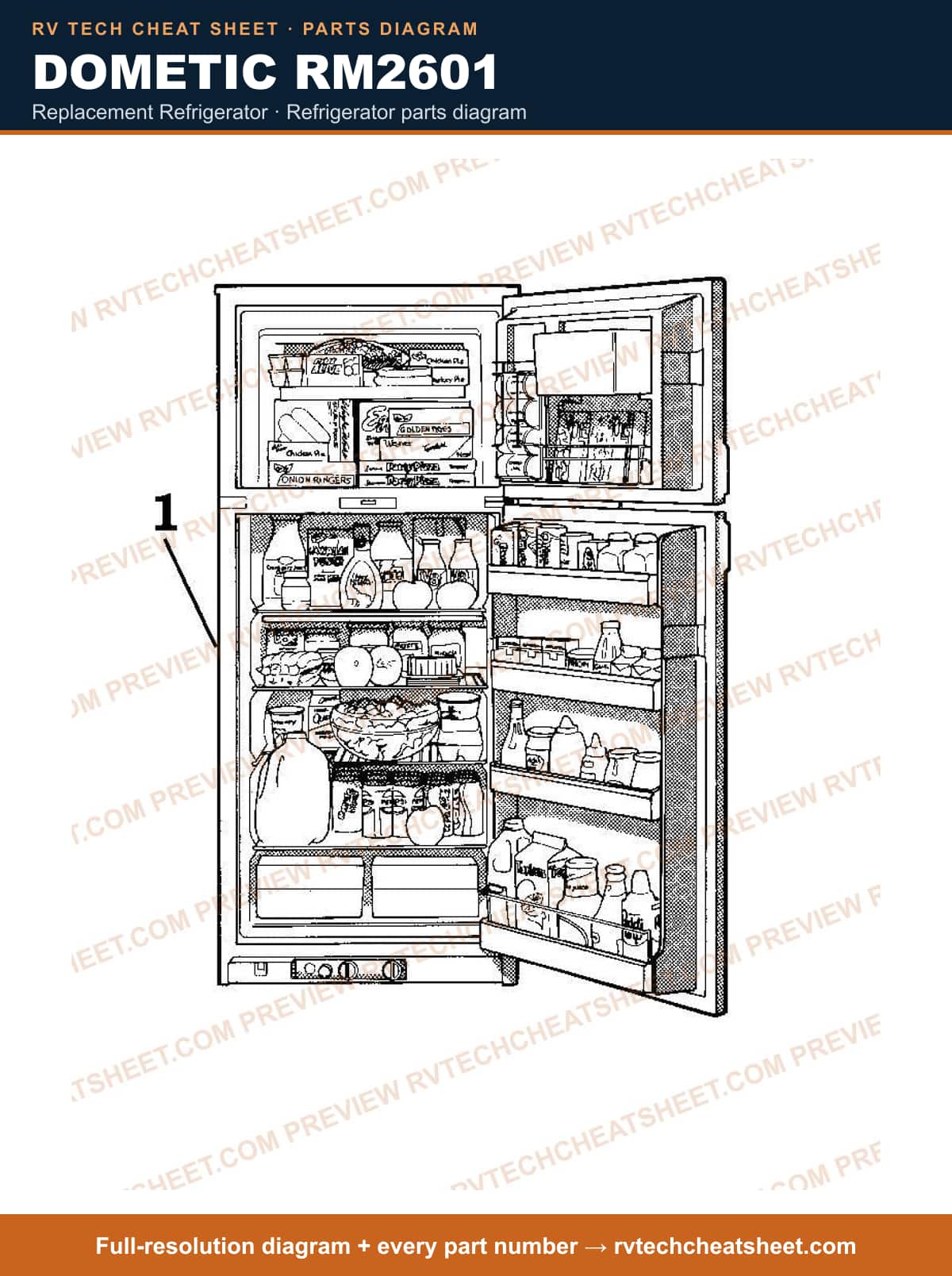 Dometic RM2601 replacement refrigerator — parts list sheet
