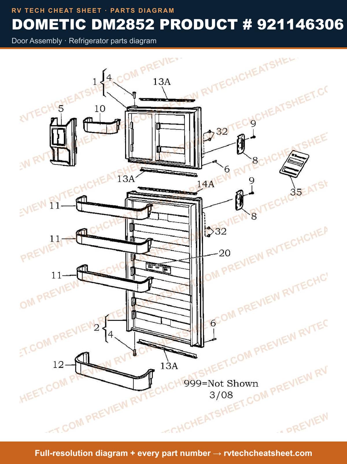 Dometic DM2852 Product # 921146306 door assembly — parts list sheet