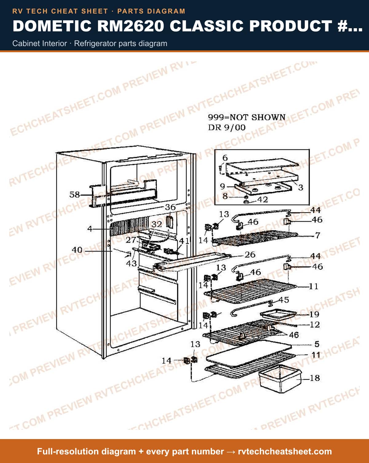 Dometic RM2620 Classic Product # 921575001 Beige cabinet interior — parts list sheet