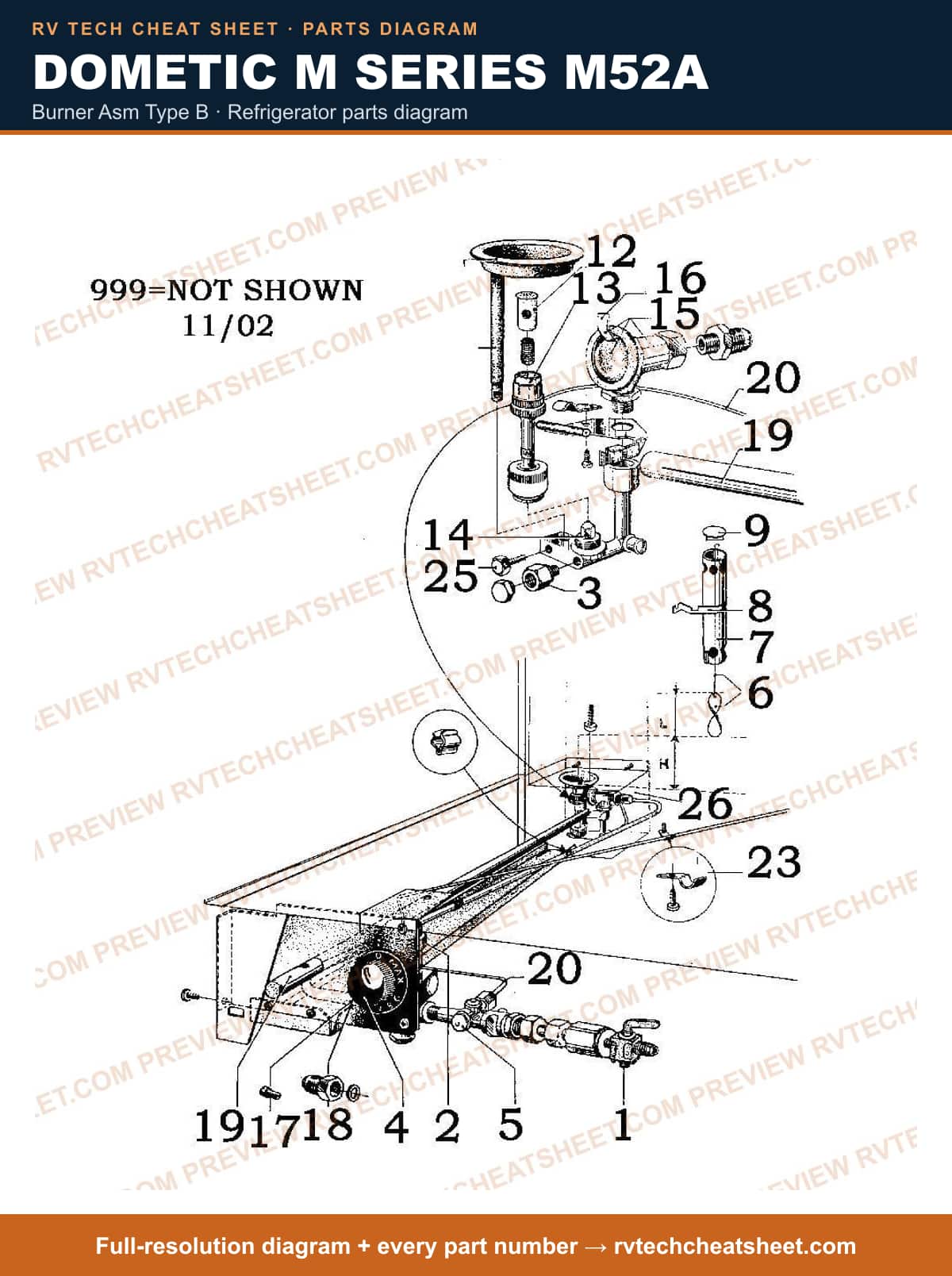 Dometic M Series M52A burner asm type b — parts list sheet