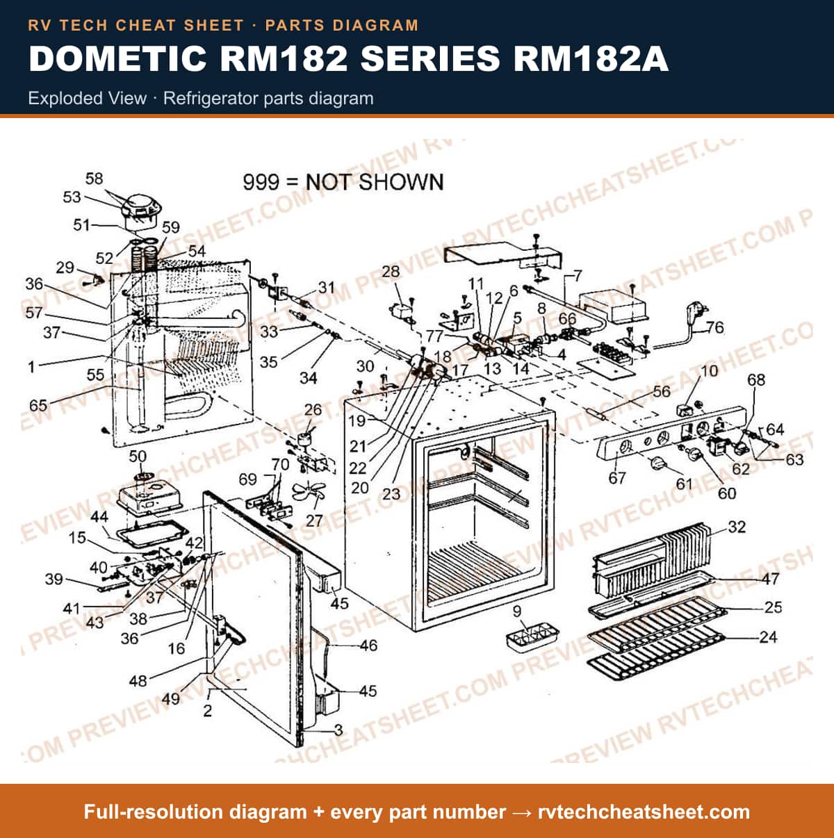 Dometic RM182 Series RM182A exploded view — parts list sheet