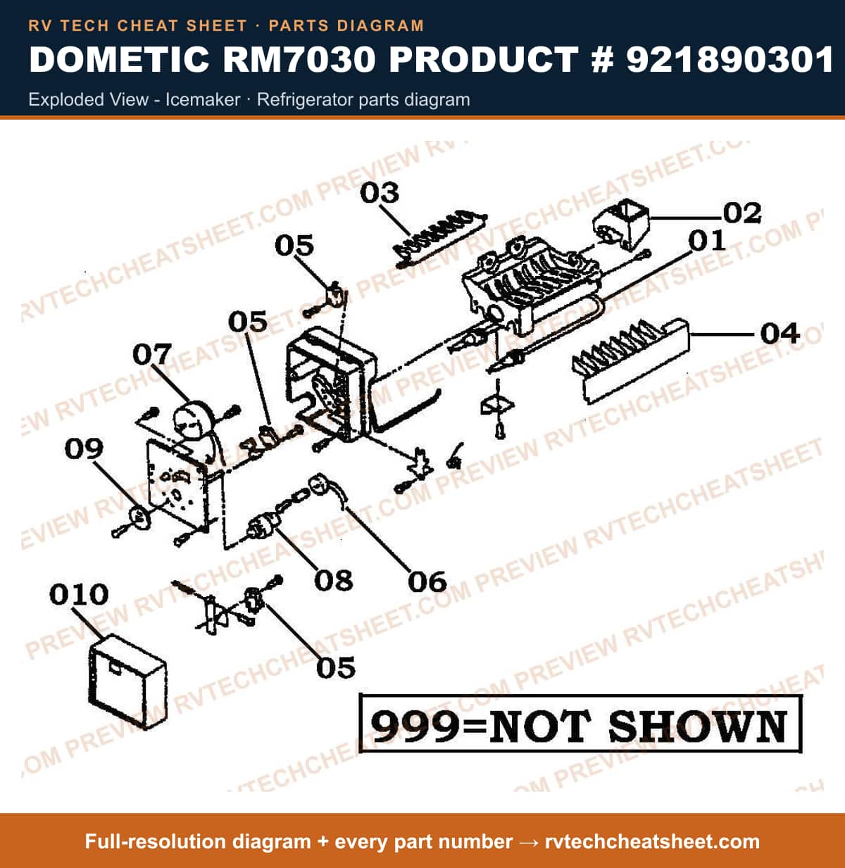 Dometic RM7030 Product # 921890301 exploded view - icemaker — parts list sheet