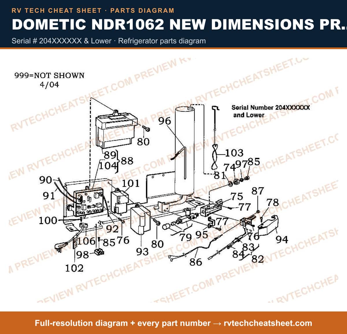 Dometic NDR1062 New Dimensions Product # 921146085 (beige) serial # 204xxxxxx & lower — parts list sheet