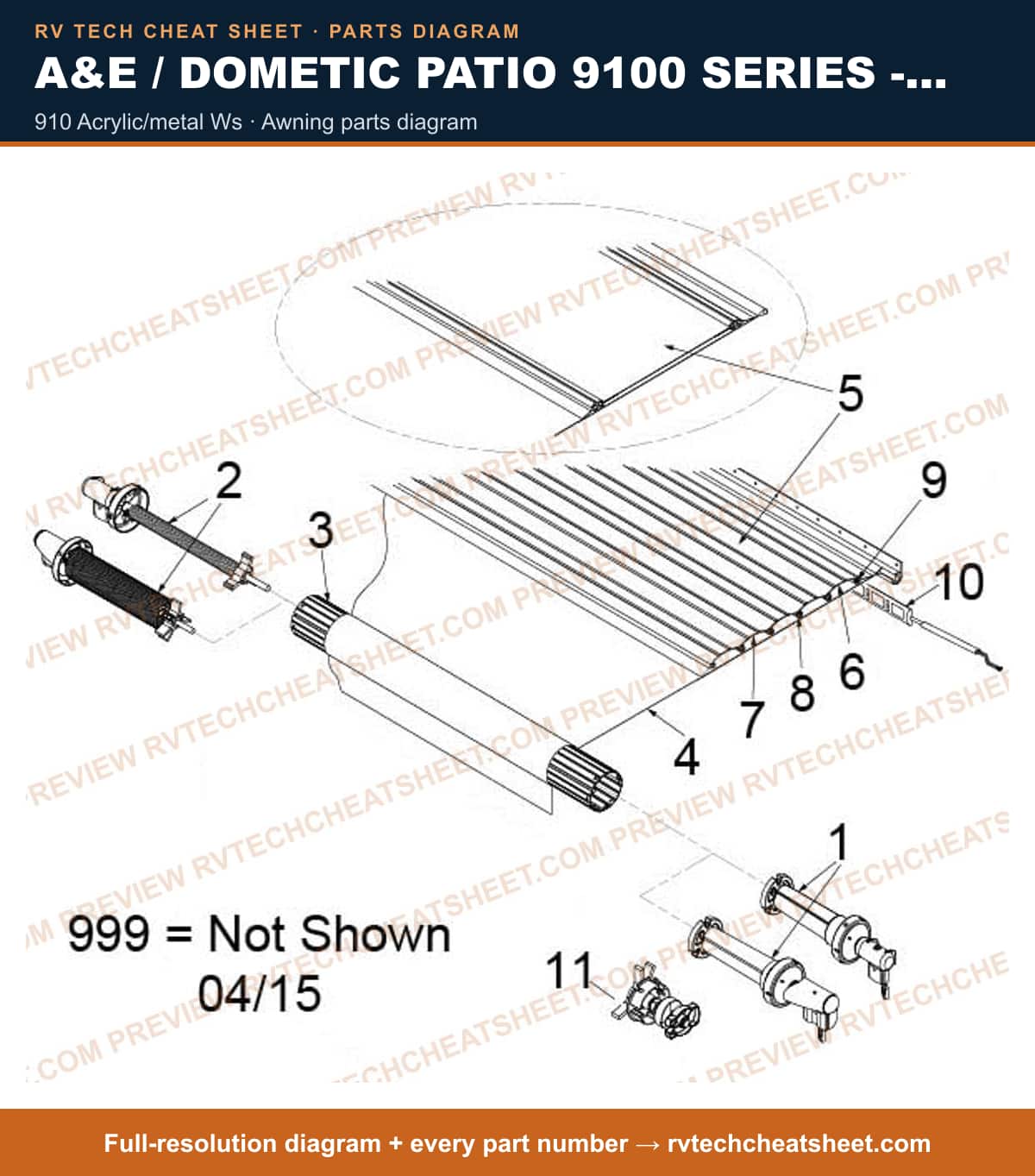 A&E / Dometic Patio 9100 Series - Power 910 acrylic/metal ws — exploded parts diagram