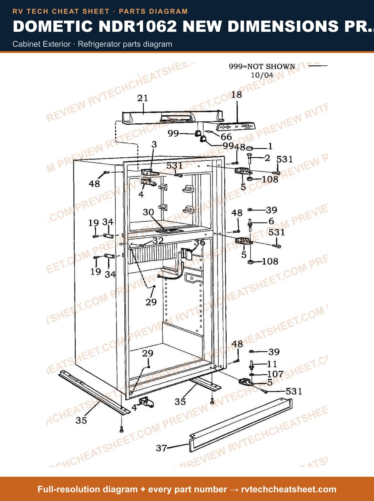 Dometic NDR1062 New Dimensions Product # 921146122 (black) cabinet exterior — parts list sheet