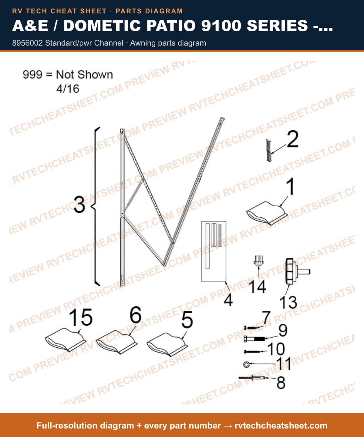A&E / Dometic Patio 9100 Series - Power 8956002 standard/pwr channel — exploded parts diagram