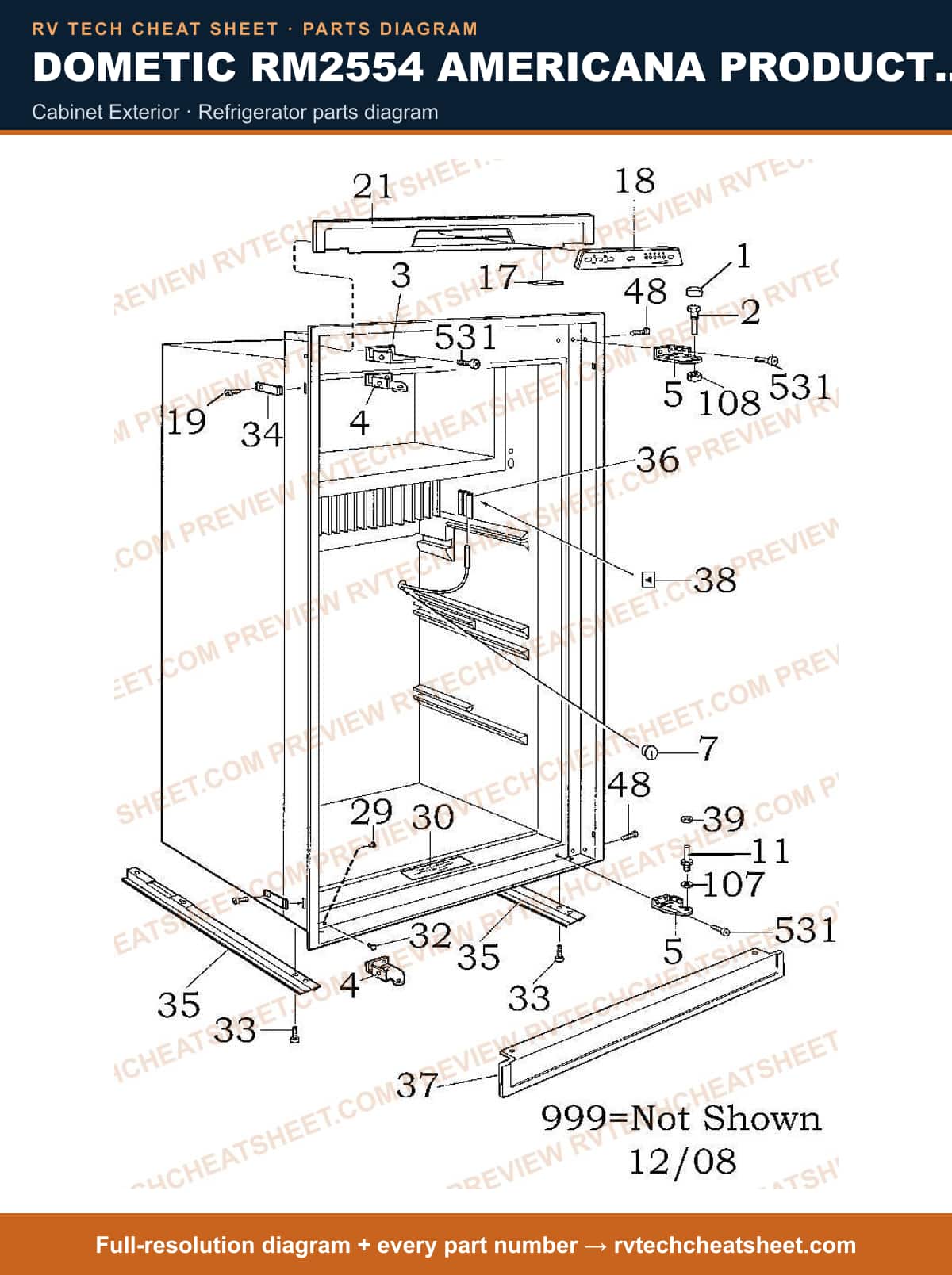 Dometic RM2554 Americana Product # 921142117 Black cabinet exterior — parts list sheet