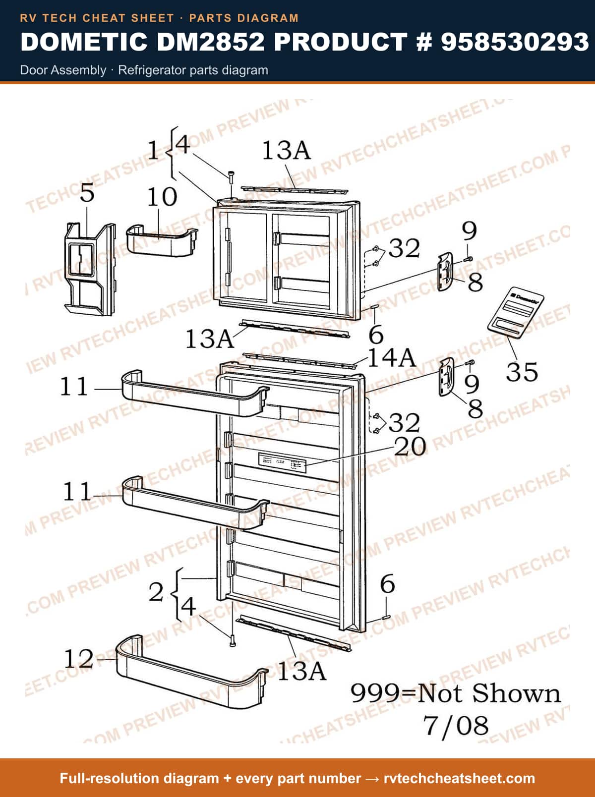 Dometic DM2852 Product # 958530293 door assembly — parts list sheet