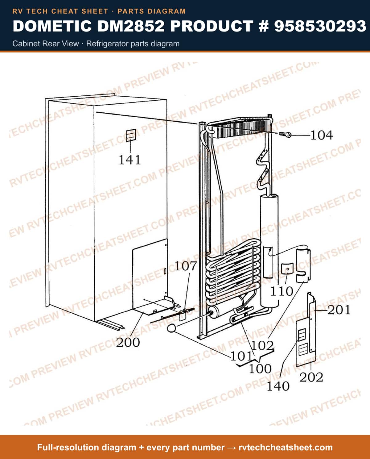 Dometic DM2852 Product # 958530293 cabinet rear view — parts list sheet