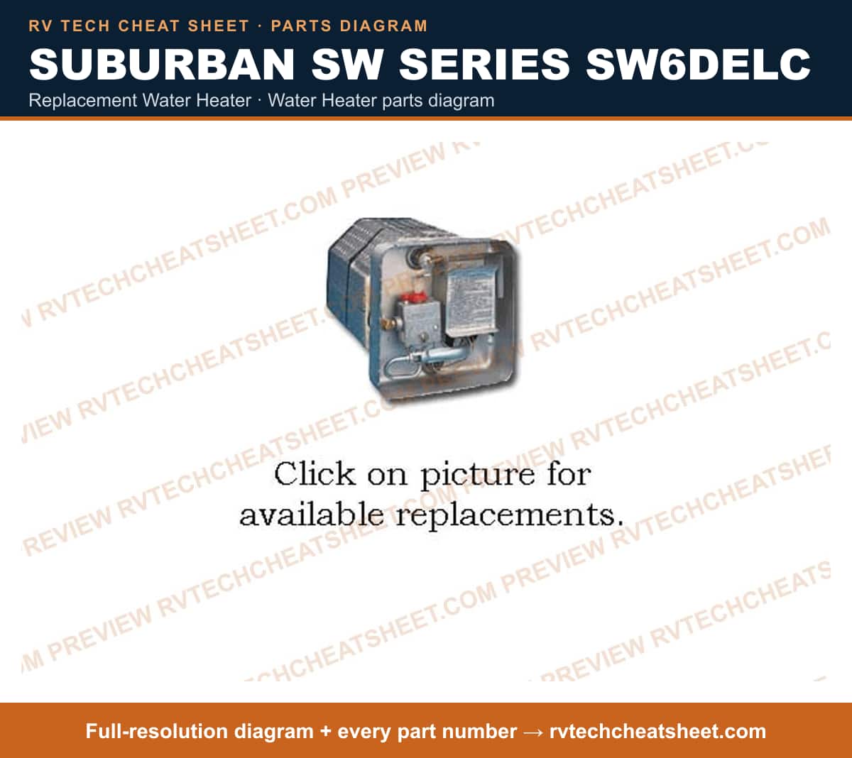 Suburban Sw Series SW6DELC replacement water heater — parts list sheet